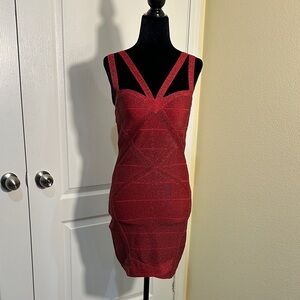 BEBE red and black sparkly mini bandage dress. Size small